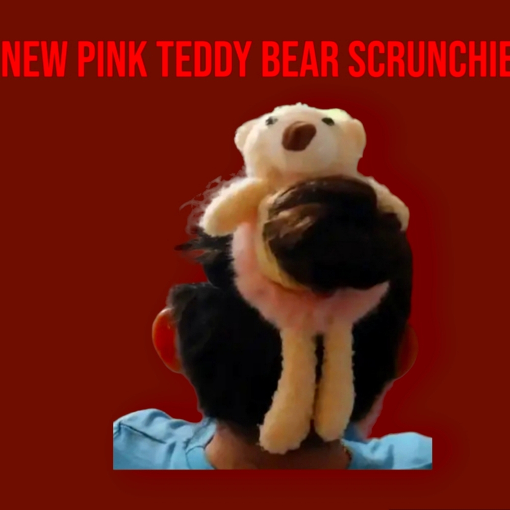 Teddy Bear w Fur belly Hair Scrunchie - Pink
